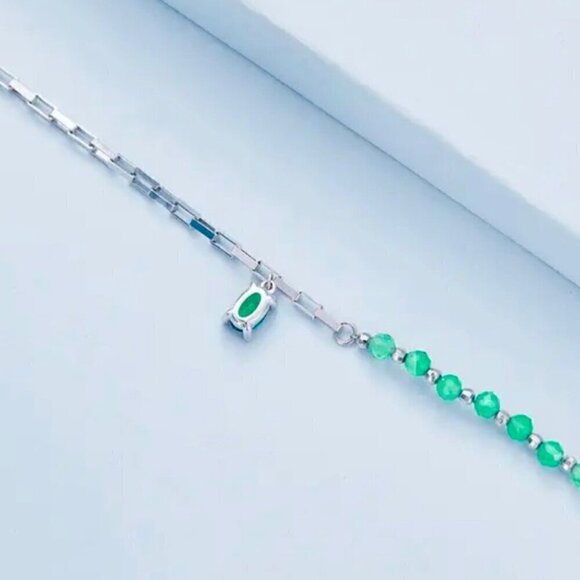 NWT Green Gem Charm Bracelet S925 Sterling Silver Beaded Boxy Chain Delicate - Picture 5 of 10